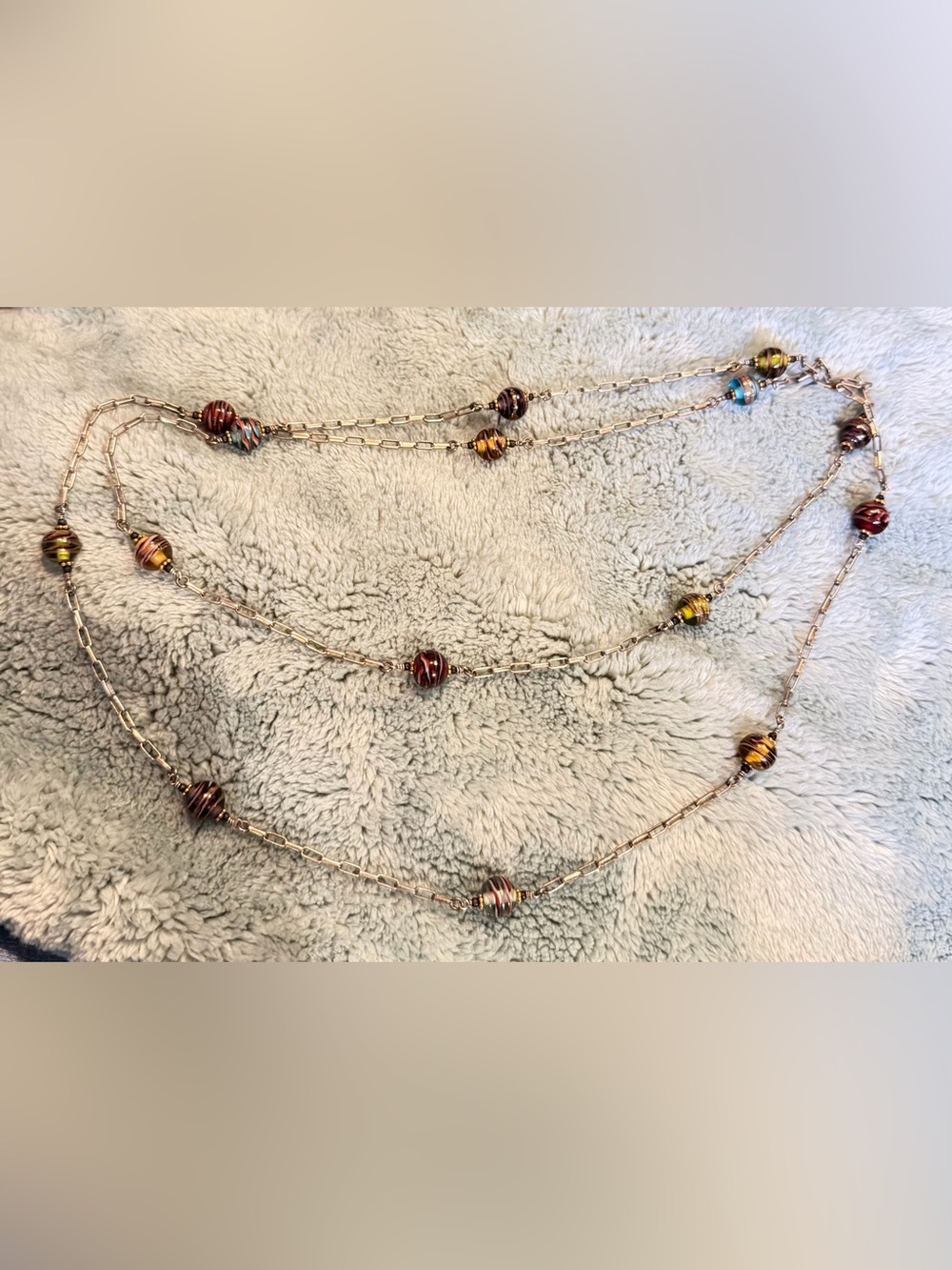 Vintage Sterling Silver Murano Glass Bead Station Necklace Artisan 44in long